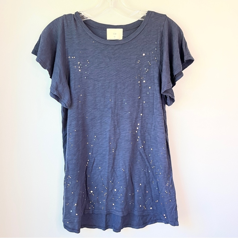 Anthropologie Navy Flutter Sleeve Paint Fleck Tee